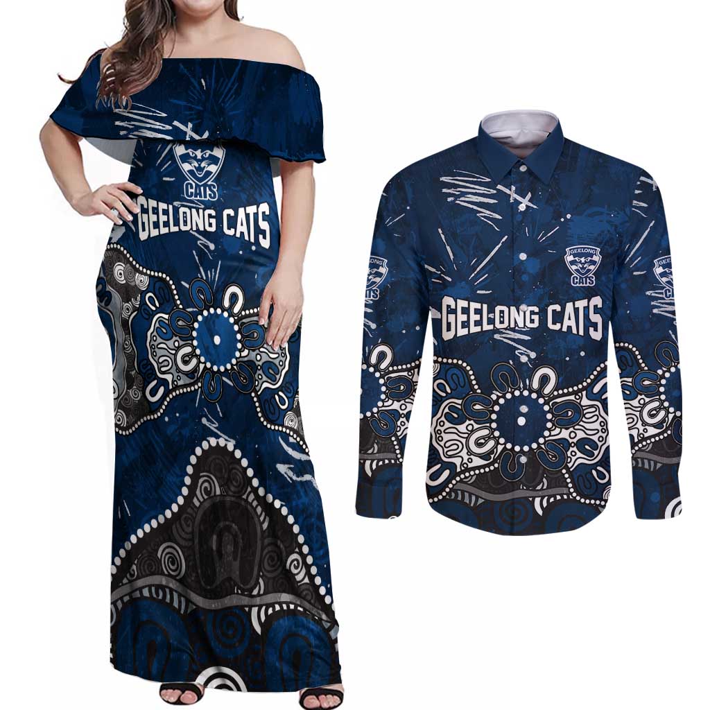 Personalized Geelong Cats Couples Matching Off Shoulder Maxi Dress and Long Sleeve Button Shirt Aboriginal Dot Painting Graffiti Style