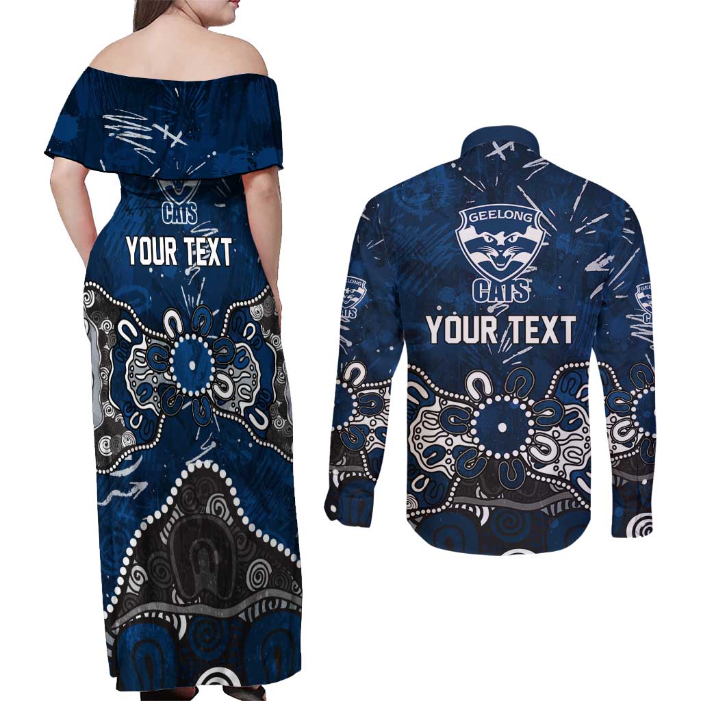 Personalized Geelong Cats Couples Matching Off Shoulder Maxi Dress and Long Sleeve Button Shirt Aboriginal Dot Painting Graffiti Style