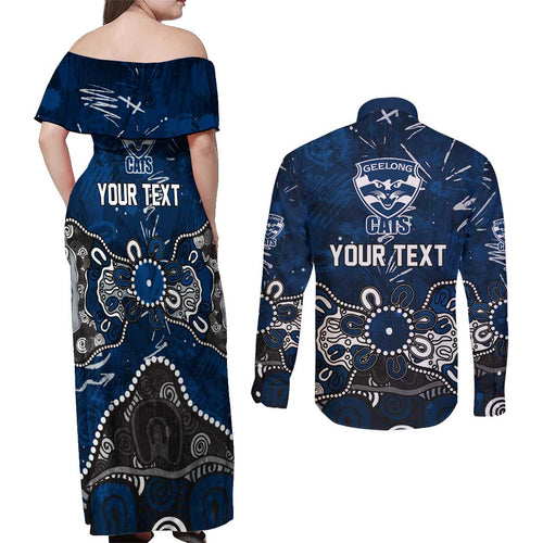 Personalized Geelong Cats Couples Matching Off Shoulder Maxi Dress and Long Sleeve Button Shirt Aboriginal Dot Painting Graffiti Style
