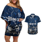 Personalized Geelong Cats Couples Matching Off Shoulder Short Dress and Hawaiian Shirt Aboriginal Dot Painting Graffiti Style