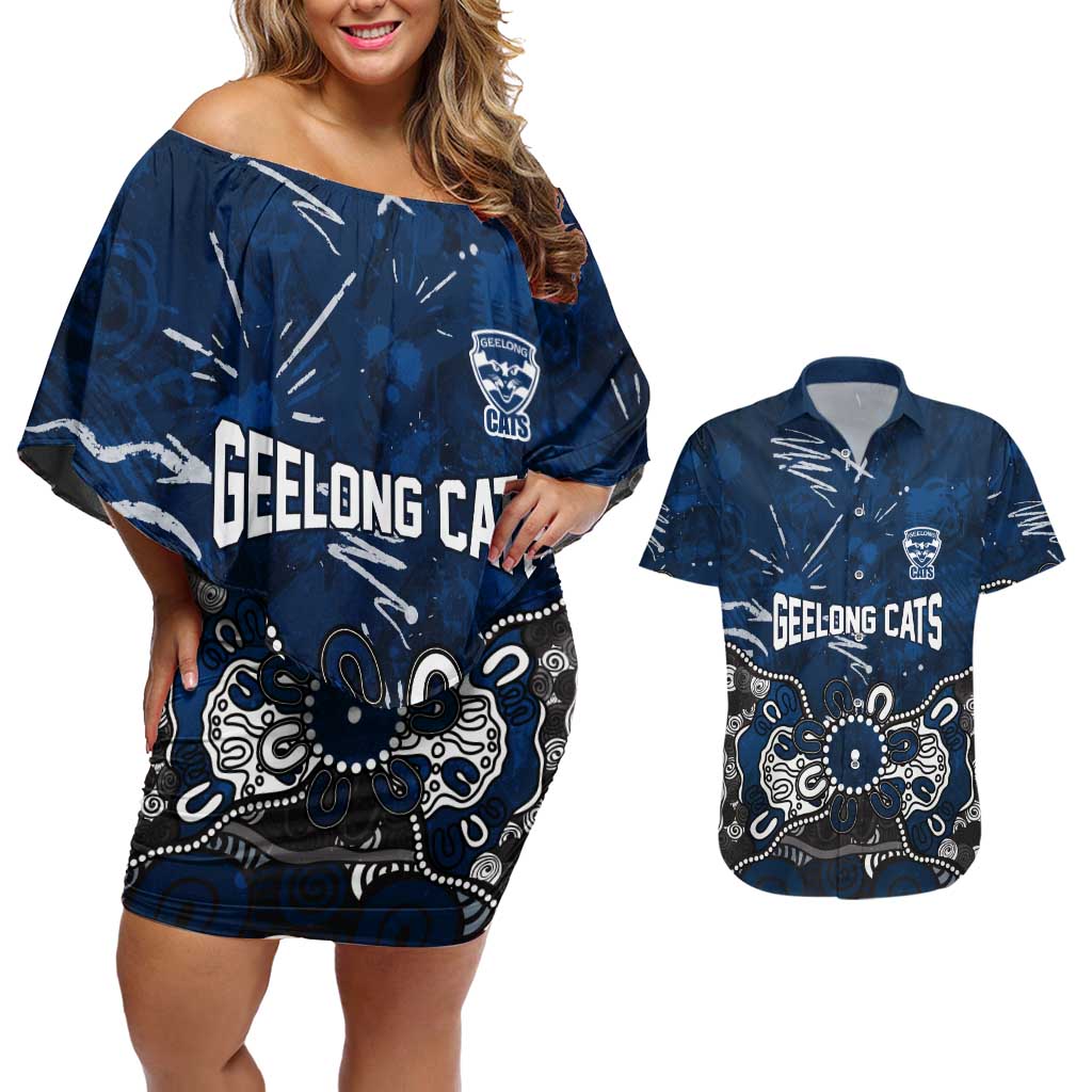 Personalized Geelong Cats Couples Matching Off Shoulder Short Dress and Hawaiian Shirt Aboriginal Dot Painting Graffiti Style