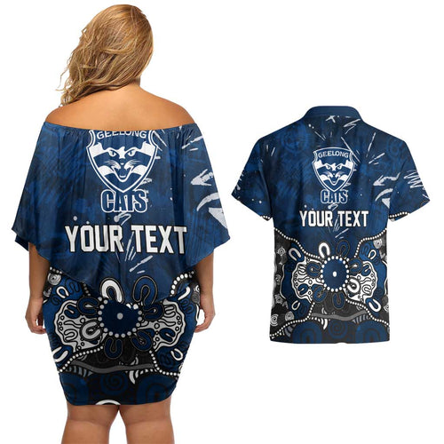 Personalized Geelong Cats Couples Matching Off Shoulder Short Dress and Hawaiian Shirt Aboriginal Dot Painting Graffiti Style