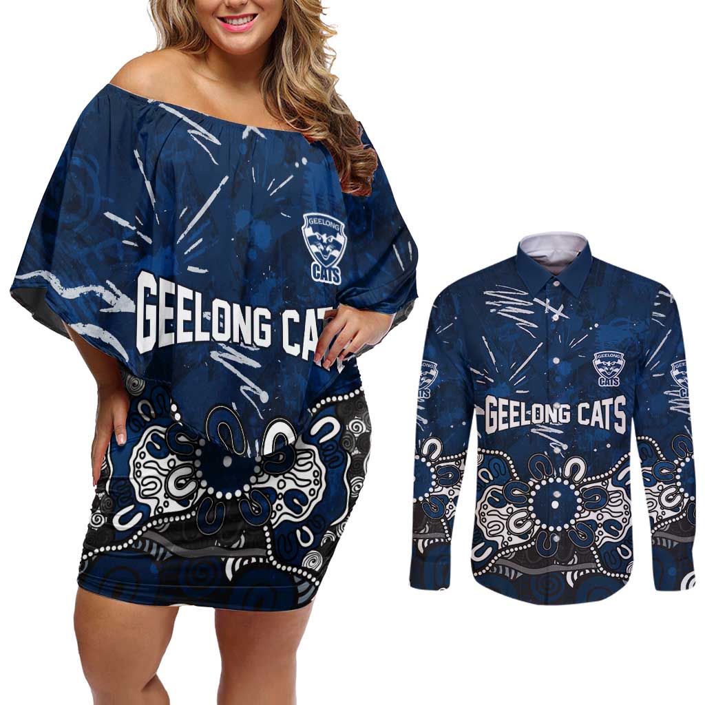 Personalized Geelong Cats Couples Matching Off Shoulder Short Dress and Long Sleeve Button Shirt Aboriginal Dot Painting Graffiti Style