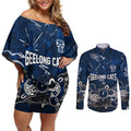 Personalized Geelong Cats Couples Matching Off Shoulder Short Dress and Long Sleeve Button Shirt Aboriginal Dot Painting Graffiti Style