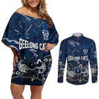 Personalized Geelong Cats Couples Matching Off Shoulder Short Dress and Long Sleeve Button Shirt Aboriginal Dot Painting Graffiti Style