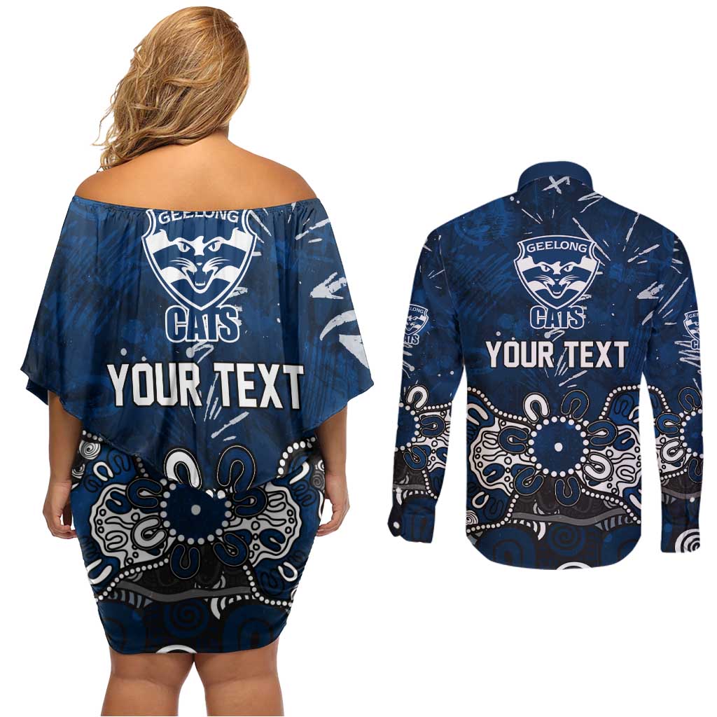 Personalized Geelong Cats Couples Matching Off Shoulder Short Dress and Long Sleeve Button Shirt Aboriginal Dot Painting Graffiti Style