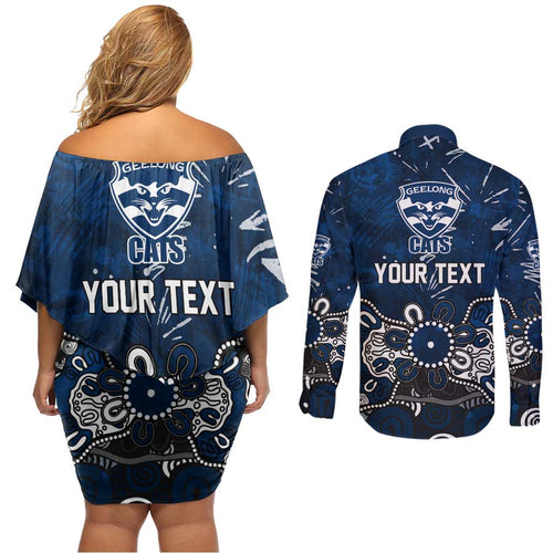 Personalized Geelong Cats Couples Matching Off Shoulder Short Dress and Long Sleeve Button Shirt Aboriginal Dot Painting Graffiti Style