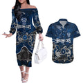 Personalized Geelong Cats Couples Matching Off The Shoulder Long Sleeve Dress and Hawaiian Shirt Aboriginal Dot Painting Graffiti Style