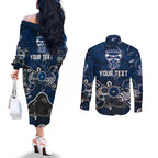 Personalized Geelong Cats Couples Matching Off The Shoulder Long Sleeve Dress and Long Sleeve Button Shirt Aboriginal Dot Painting Graffiti Style