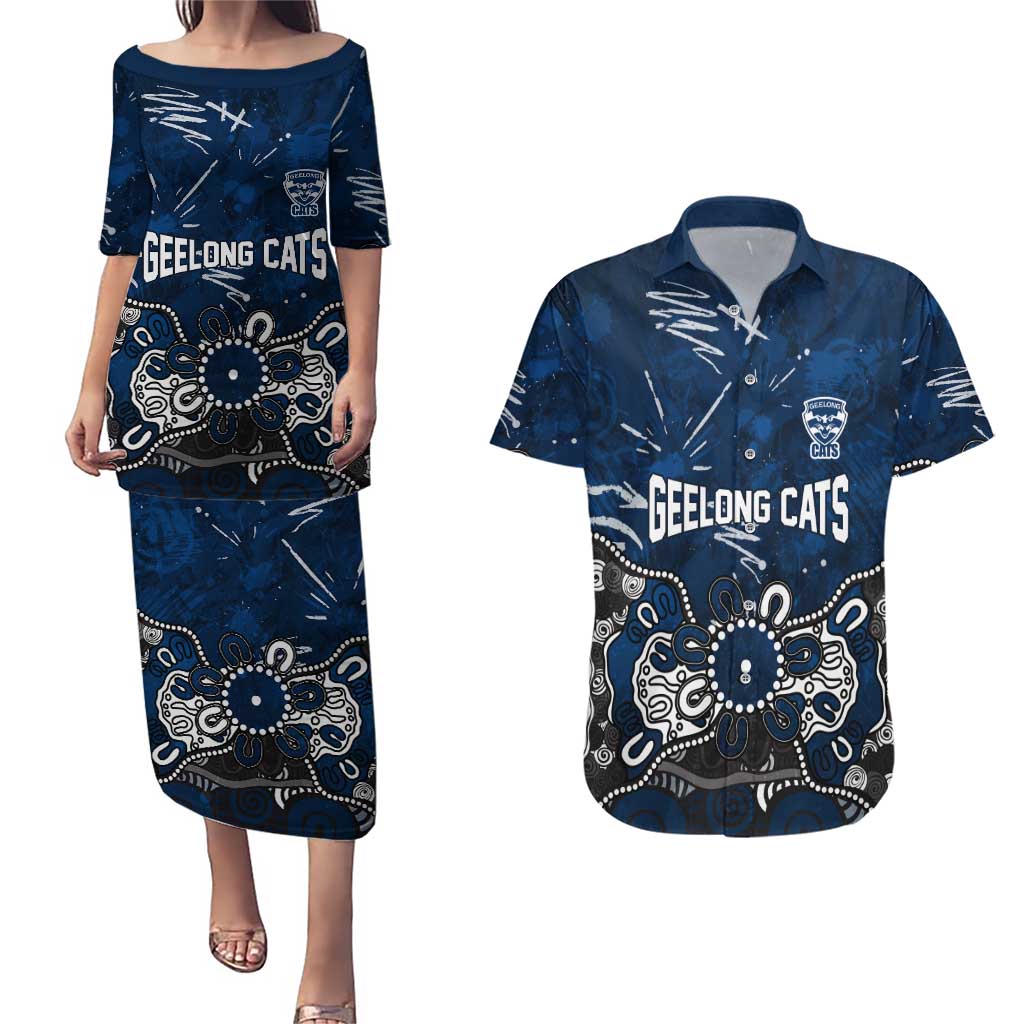 Personalized Geelong Cats Couples Matching Puletasi and Hawaiian Shirt Aboriginal Dot Painting Graffiti Style