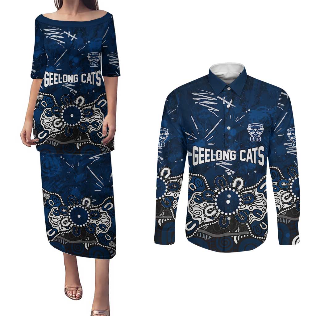 Personalized Geelong Cats Couples Matching Puletasi and Long Sleeve Button Shirt Aboriginal Dot Painting Graffiti Style