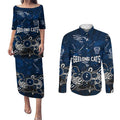 Personalized Geelong Cats Couples Matching Puletasi and Long Sleeve Button Shirt Aboriginal Dot Painting Graffiti Style