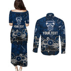 Personalized Geelong Cats Couples Matching Puletasi and Long Sleeve Button Shirt Aboriginal Dot Painting Graffiti Style
