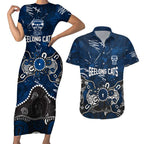 Personalized Geelong Cats Couples Matching Short Sleeve Bodycon Dress and Hawaiian Shirt Aboriginal Dot Painting Graffiti Style
