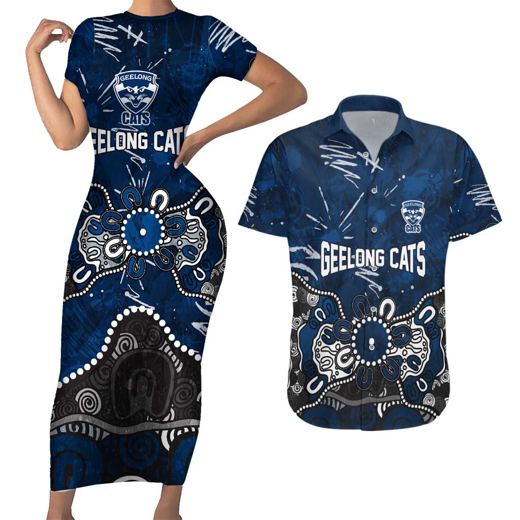 Personalized Geelong Cats Couples Matching Short Sleeve Bodycon Dress and Hawaiian Shirt Aboriginal Dot Painting Graffiti Style