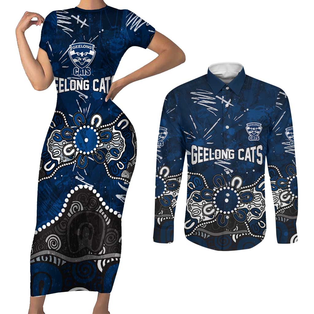 Personalized Geelong Cats Couples Matching Short Sleeve Bodycon Dress and Long Sleeve Button Shirt Aboriginal Dot Painting Graffiti Style