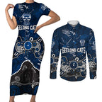 Personalized Geelong Cats Couples Matching Short Sleeve Bodycon Dress and Long Sleeve Button Shirt Aboriginal Dot Painting Graffiti Style