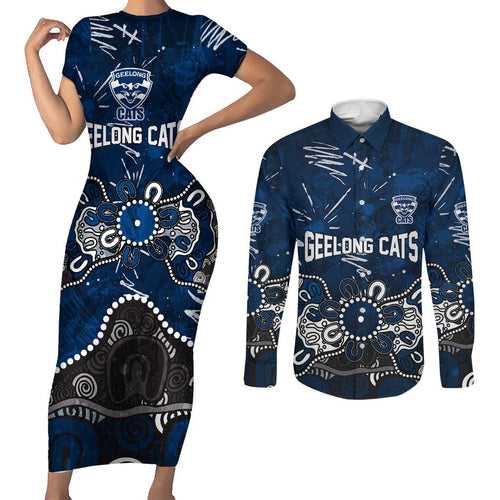 Personalized Geelong Cats Couples Matching Short Sleeve Bodycon Dress and Long Sleeve Button Shirt Aboriginal Dot Painting Graffiti Style