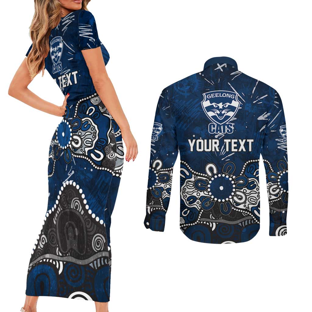 Personalized Geelong Cats Couples Matching Short Sleeve Bodycon Dress and Long Sleeve Button Shirt Aboriginal Dot Painting Graffiti Style
