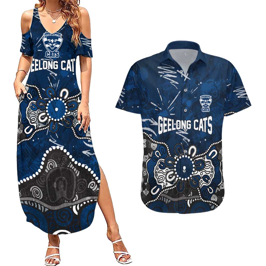 Personalized Geelong Cats Couples Matching Summer Maxi Dress and Hawaiian Shirt Aboriginal Dot Painting Graffiti Style