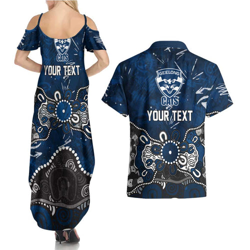 Personalized Geelong Cats Couples Matching Summer Maxi Dress and Hawaiian Shirt Aboriginal Dot Painting Graffiti Style