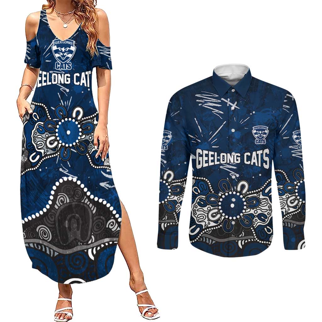 Personalized Geelong Cats Couples Matching Summer Maxi Dress and Long Sleeve Button Shirt Aboriginal Dot Painting Graffiti Style
