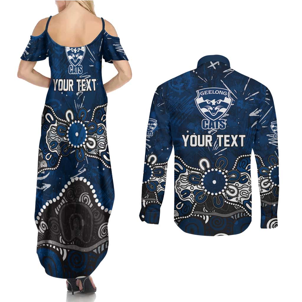 Personalized Geelong Cats Couples Matching Summer Maxi Dress and Long Sleeve Button Shirt Aboriginal Dot Painting Graffiti Style