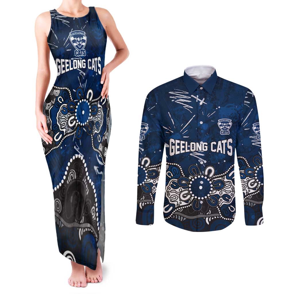 Personalized Geelong Cats Couples Matching Tank Maxi Dress and Long Sleeve Button Shirt Aboriginal Dot Painting Graffiti Style