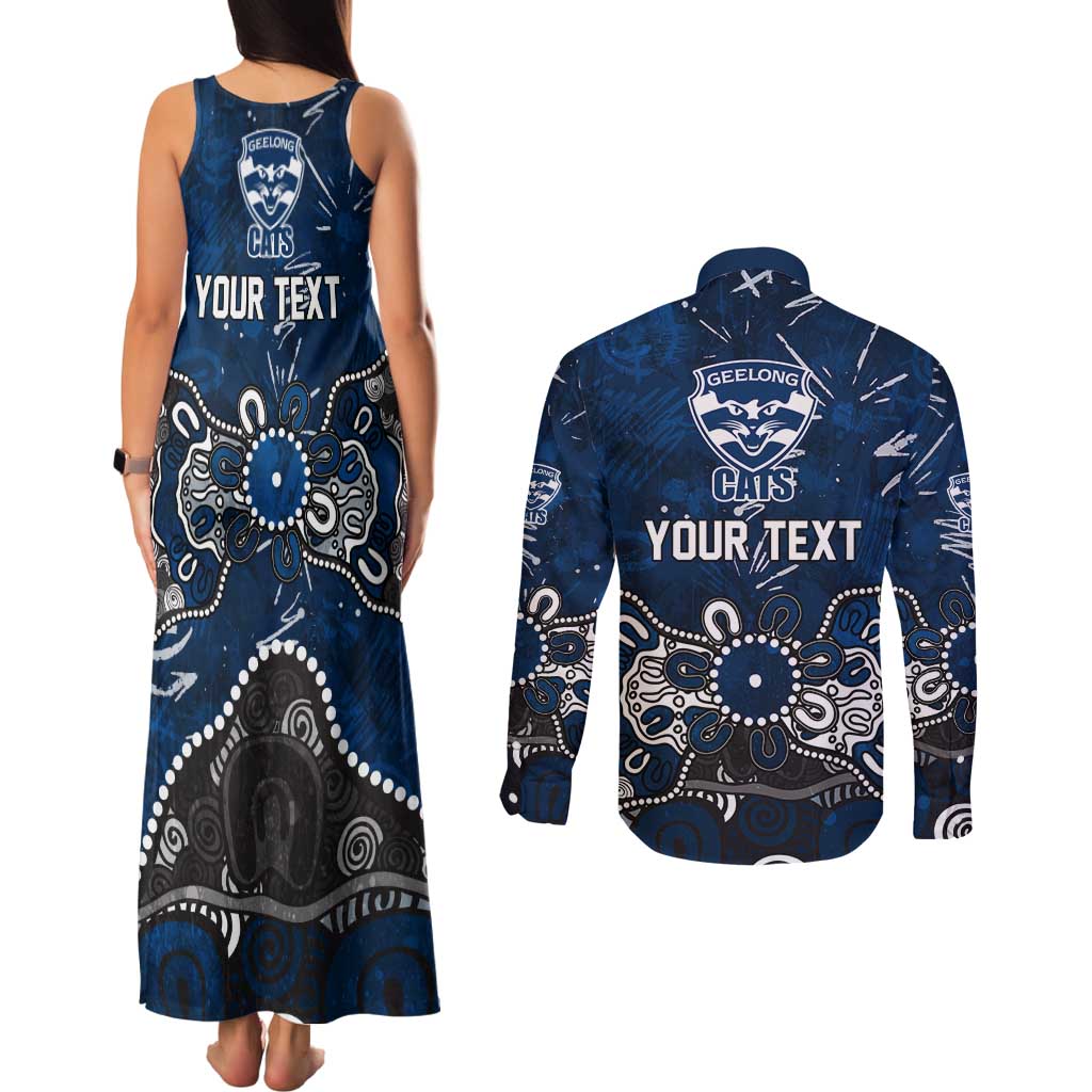 Personalized Geelong Cats Couples Matching Tank Maxi Dress and Long Sleeve Button Shirt Aboriginal Dot Painting Graffiti Style