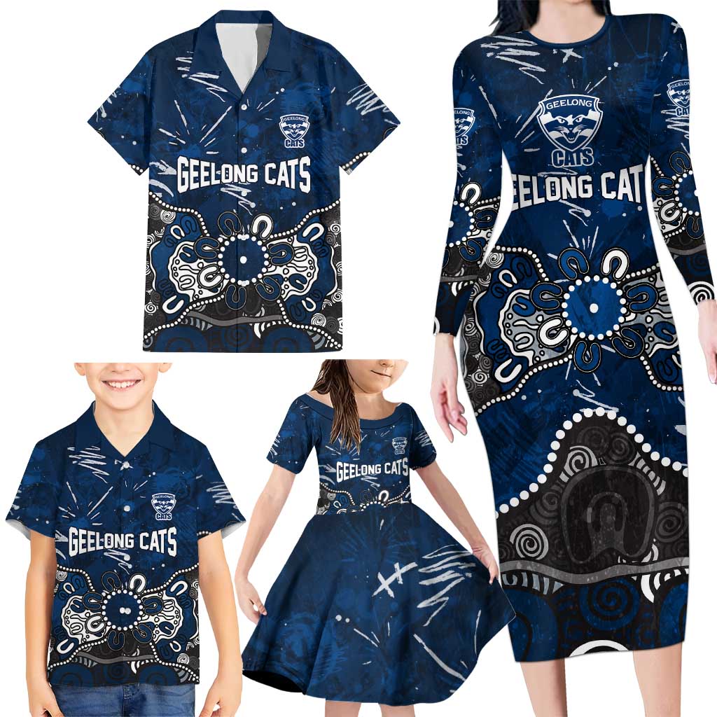 Personalized Geelong Cats Family Matching Long Sleeve Bodycon Dress and Hawaiian Shirt Aboriginal Dot Painting Graffiti Style