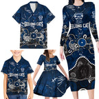 Personalized Geelong Cats Family Matching Long Sleeve Bodycon Dress and Hawaiian Shirt Aboriginal Dot Painting Graffiti Style