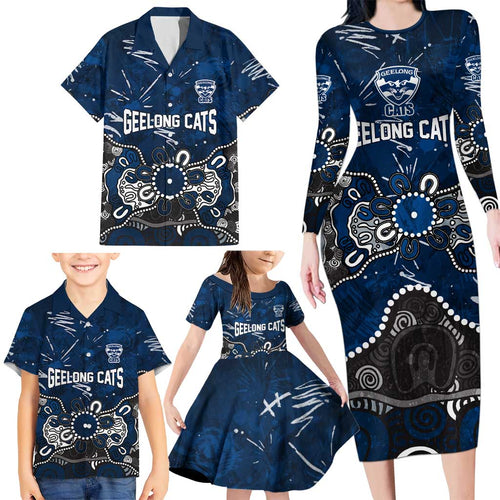 Personalized Geelong Cats Family Matching Long Sleeve Bodycon Dress and Hawaiian Shirt Aboriginal Dot Painting Graffiti Style