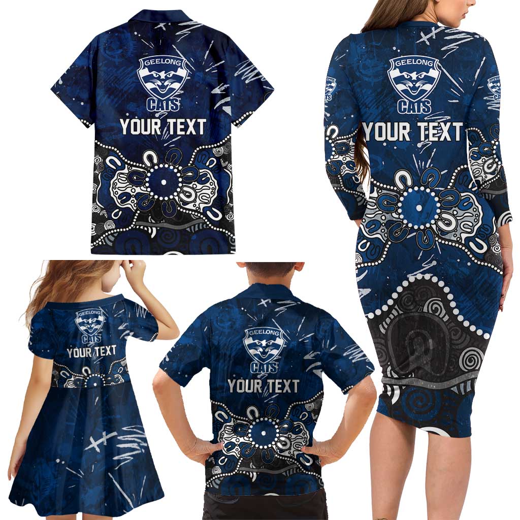 Personalized Geelong Cats Family Matching Long Sleeve Bodycon Dress and Hawaiian Shirt Aboriginal Dot Painting Graffiti Style