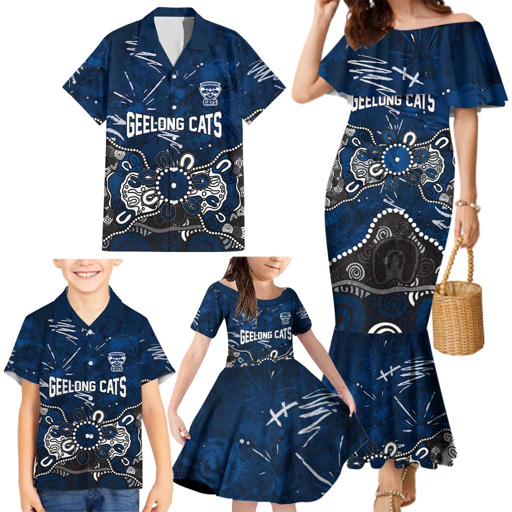 Personalized Geelong Cats Family Matching Mermaid Dress and Hawaiian Shirt Aboriginal Dot Painting Graffiti Style