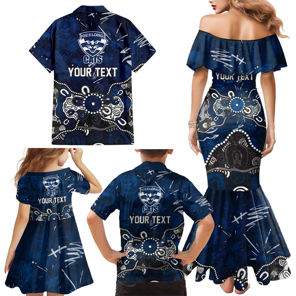 Personalized Geelong Cats Family Matching Mermaid Dress and Hawaiian Shirt Aboriginal Dot Painting Graffiti Style