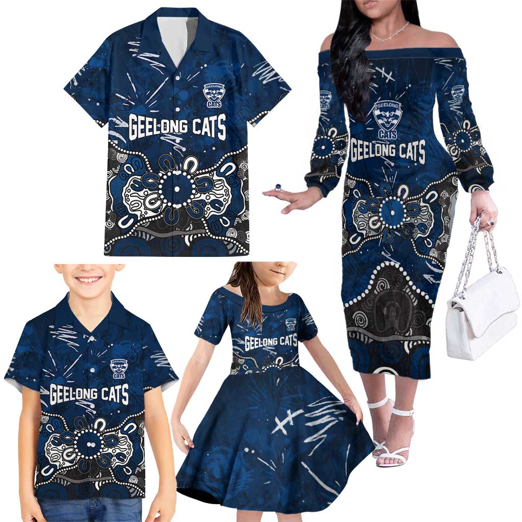 Personalized Geelong Cats Family Matching Off The Shoulder Long Sleeve Dress and Hawaiian Shirt Aboriginal Dot Painting Graffiti Style