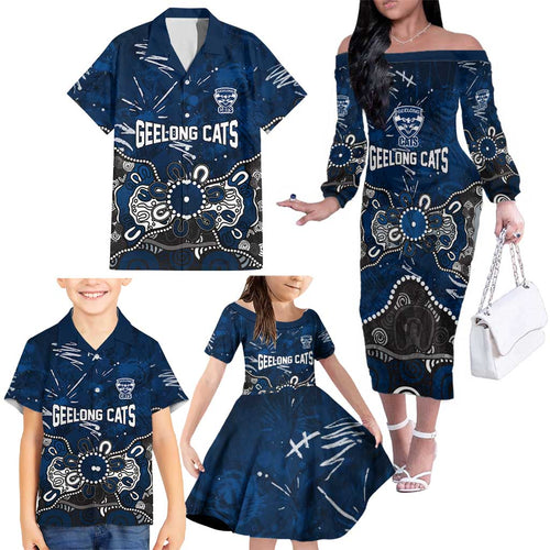 Personalized Geelong Cats Family Matching Off The Shoulder Long Sleeve Dress and Hawaiian Shirt Aboriginal Dot Painting Graffiti Style