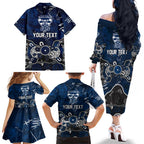 Personalized Geelong Cats Family Matching Off The Shoulder Long Sleeve Dress and Hawaiian Shirt Aboriginal Dot Painting Graffiti Style