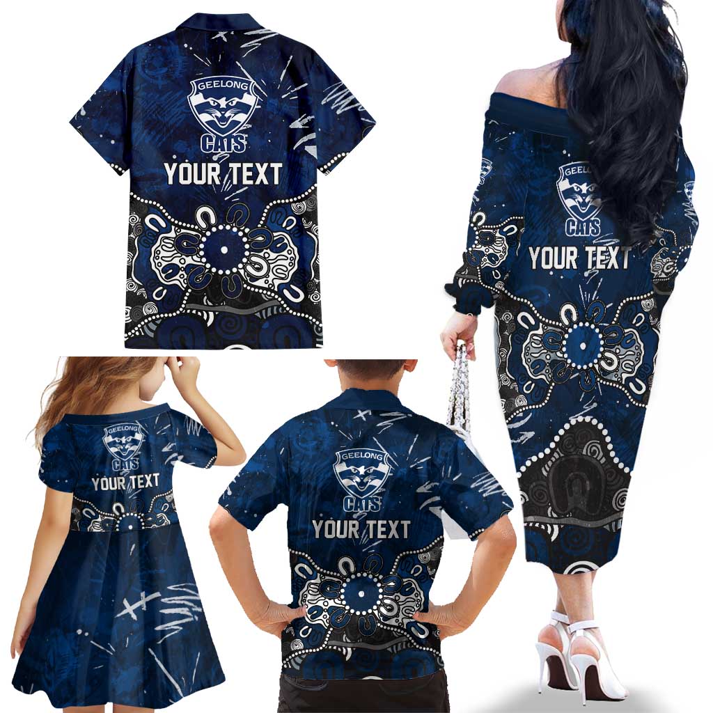 Personalized Geelong Cats Family Matching Off The Shoulder Long Sleeve Dress and Hawaiian Shirt Aboriginal Dot Painting Graffiti Style