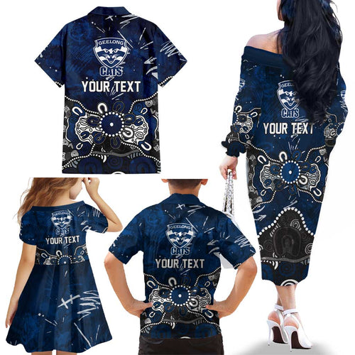 Personalized Geelong Cats Family Matching Off The Shoulder Long Sleeve Dress and Hawaiian Shirt Aboriginal Dot Painting Graffiti Style