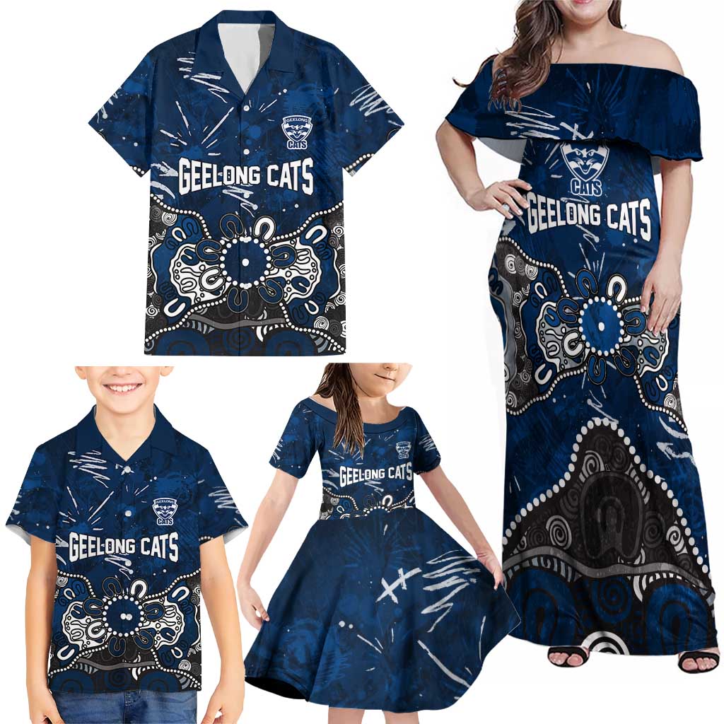 Personalized Geelong Cats Family Matching Off Shoulder Maxi Dress and Hawaiian Shirt Aboriginal Dot Painting Graffiti Style