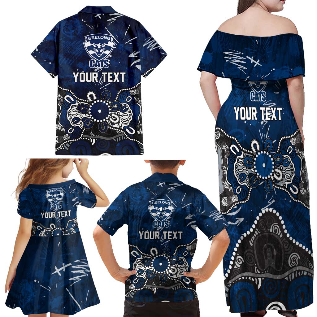 Personalized Geelong Cats Family Matching Off Shoulder Maxi Dress and Hawaiian Shirt Aboriginal Dot Painting Graffiti Style