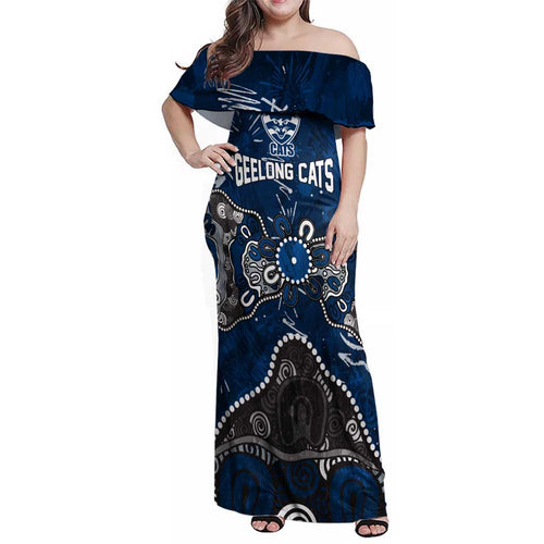 Personalized Geelong Cats Family Matching Off Shoulder Maxi Dress and Hawaiian Shirt Aboriginal Dot Painting Graffiti Style