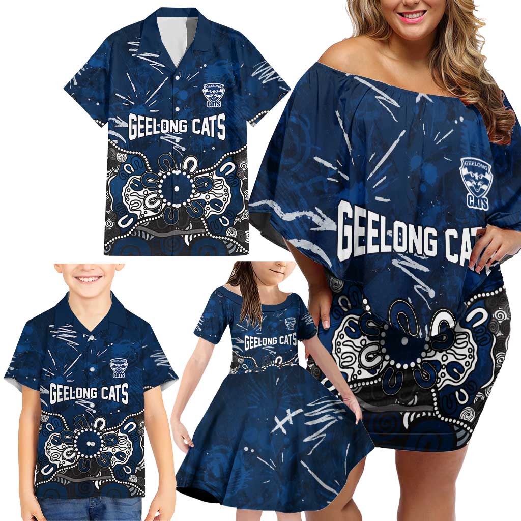 Personalized Geelong Cats Family Matching Off Shoulder Short Dress and Hawaiian Shirt Aboriginal Dot Painting Graffiti Style