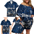 Personalized Geelong Cats Family Matching Off Shoulder Short Dress and Hawaiian Shirt Aboriginal Dot Painting Graffiti Style