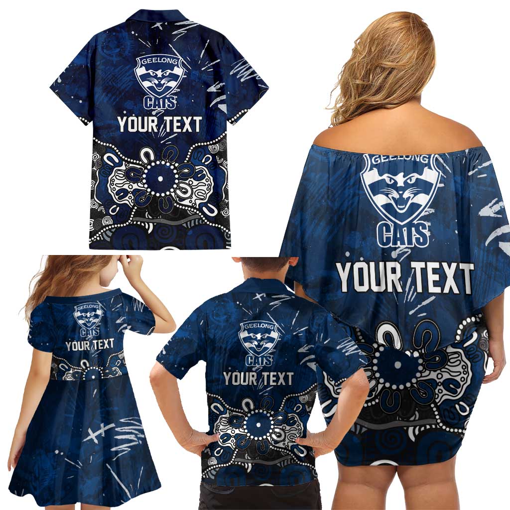 Personalized Geelong Cats Family Matching Off Shoulder Short Dress and Hawaiian Shirt Aboriginal Dot Painting Graffiti Style