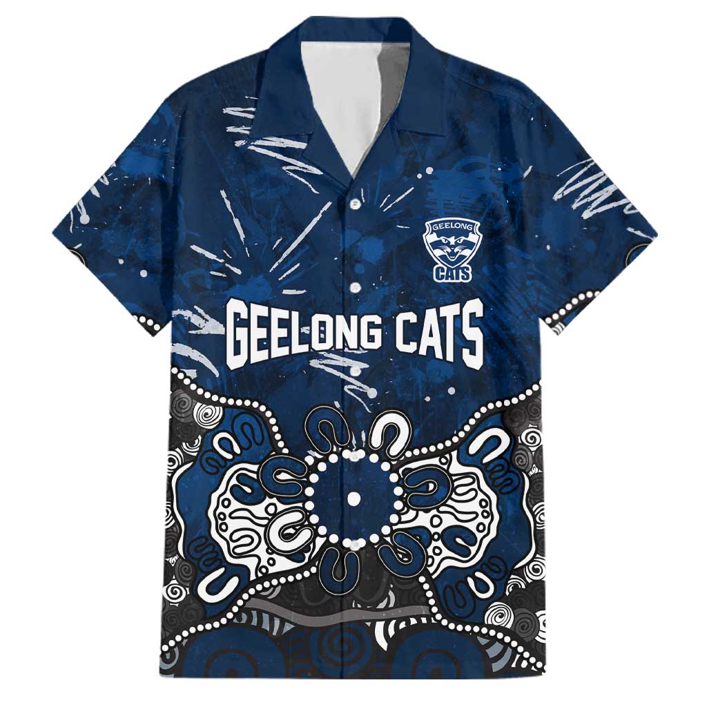 Personalized Geelong Cats Family Matching Off Shoulder Short Dress and Hawaiian Shirt Aboriginal Dot Painting Graffiti Style