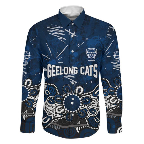 Personalized Geelong Cats Family Matching Off Shoulder Short Dress and Hawaiian Shirt Aboriginal Dot Painting Graffiti Style