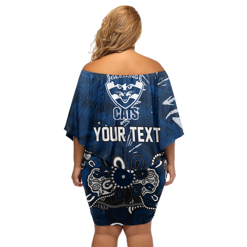 Personalized Geelong Cats Family Matching Off Shoulder Short Dress and Hawaiian Shirt Aboriginal Dot Painting Graffiti Style