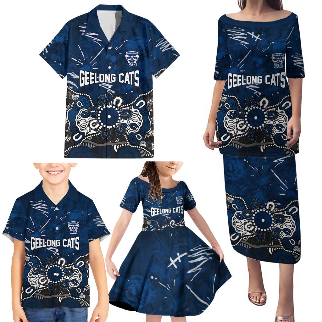 Personalized Geelong Cats Family Matching Puletasi and Hawaiian Shirt Aboriginal Dot Painting Graffiti Style